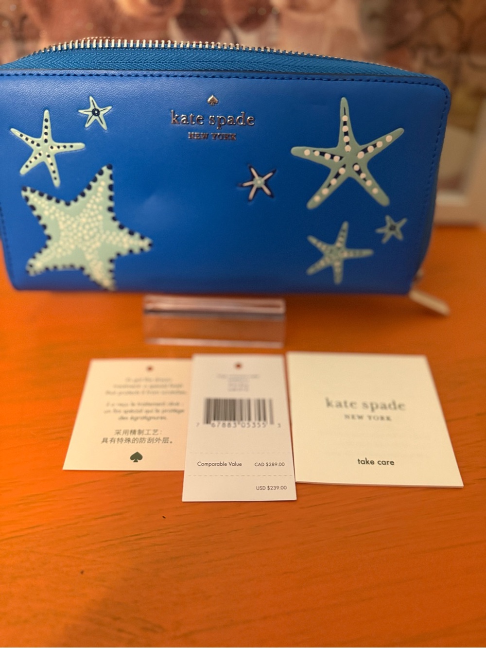 Kate Spade Shore Thing Blue Leather Starfish Zip Wallet NWT